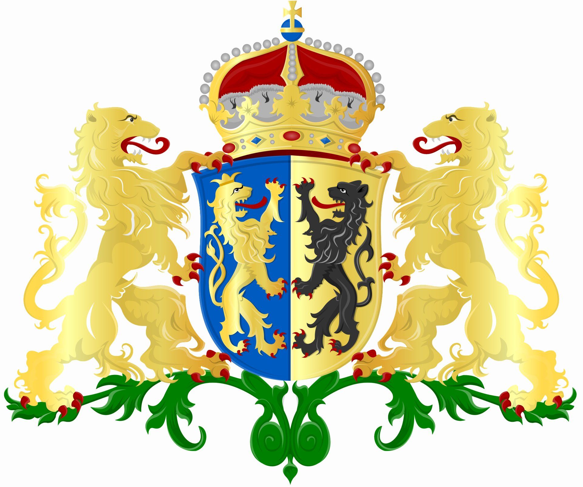wapen van Gelderland, 2 staande gouden leeuwen op een witte achtergrond, 1 staande gouden leeuw op een blauwe achtergrond en 1 staande zwarte leeuw op een gouden achtergrond.