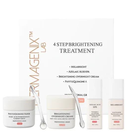 Armagenix Lab 4-step brightening treatment set with white jars and bottles on a white background