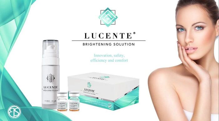 Luxury skincare ad with mint-green packaging, serum bottle, cream jar, and a woman touching her face