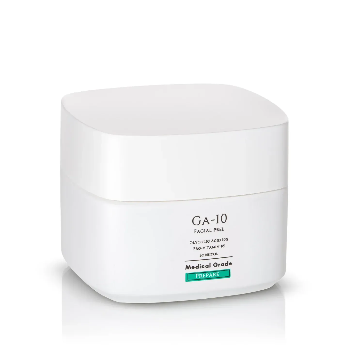 White compact tabletop device with rounded edges and a small front label on a plain background