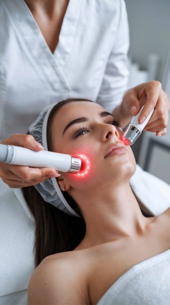 Cosmetic facial treatment with handheld devices on a woman lying on a spa bed