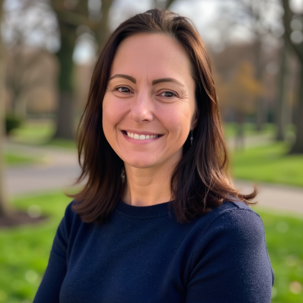 Woman smiling at the camera, dark hair, wearing a navy blue long-sleeved shirt, outdoors in front of greenery.