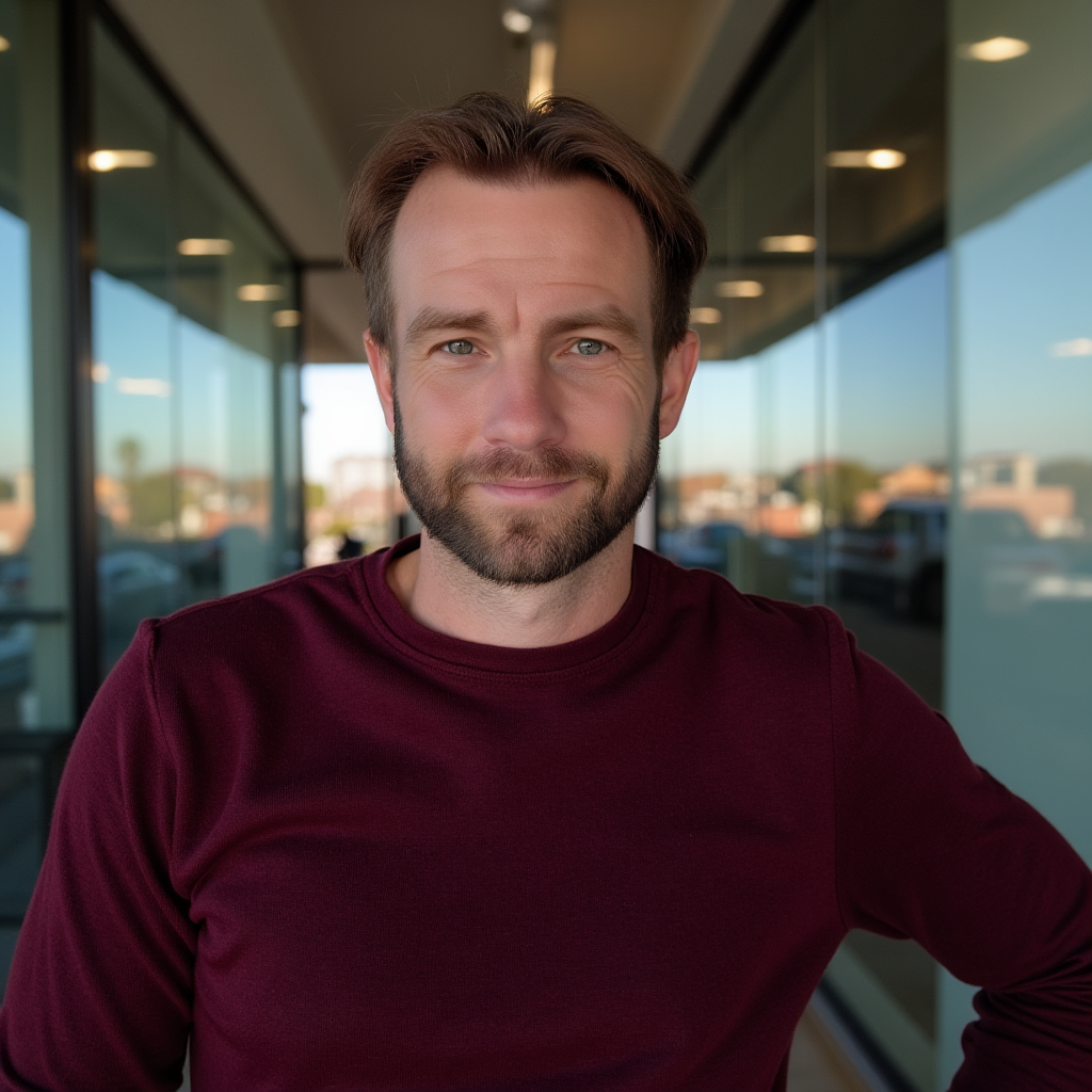 Man in burgundy sweater, looking toward the camera. Outdoors, modern building with glass and sunlight in the background.