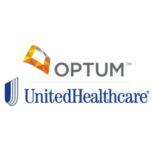 Optum & UnitedHealthcare logos. Symbol is a colorful geometric shape above the gray word 