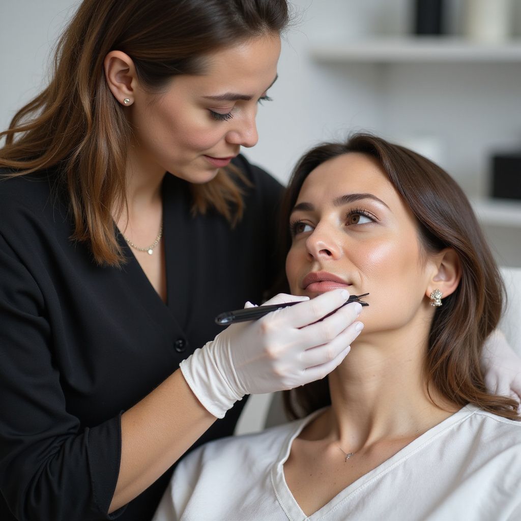 Woman receiving cosmetic lip treatment from a professional in a bright setting.