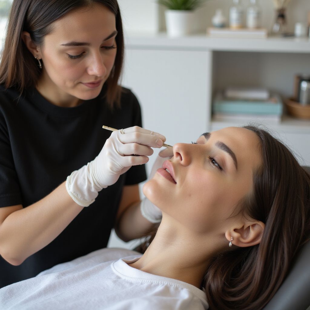 A woman receiving a cosmetic procedure on her nose, in a bright, modern clinic setting.