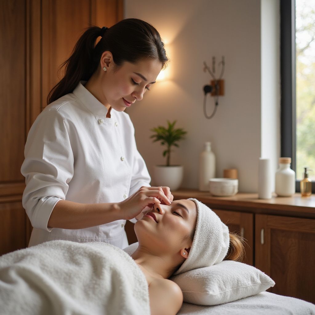 Woman receiving facial treatment at a spa. A practitioner is massaging her face.