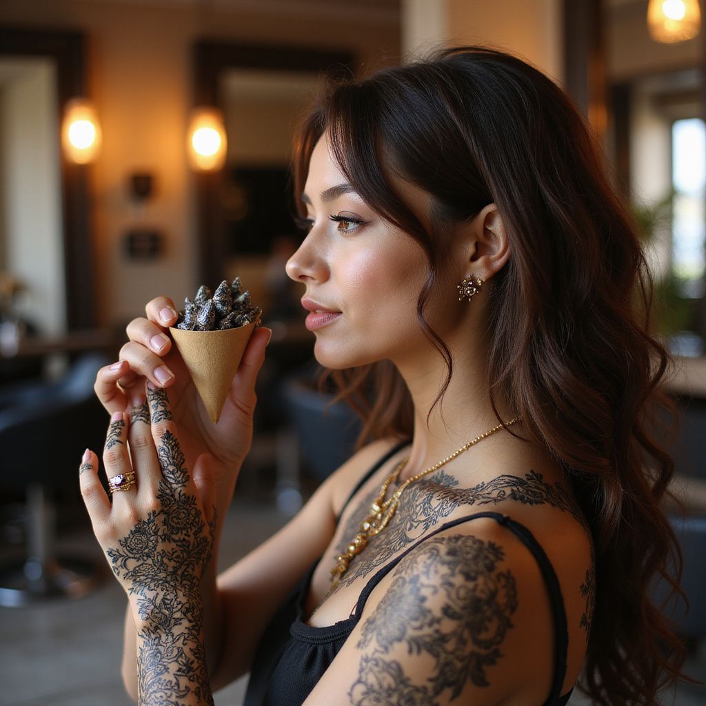 Woman with henna art, holding a cone filled with sprigs, in a cafe.
