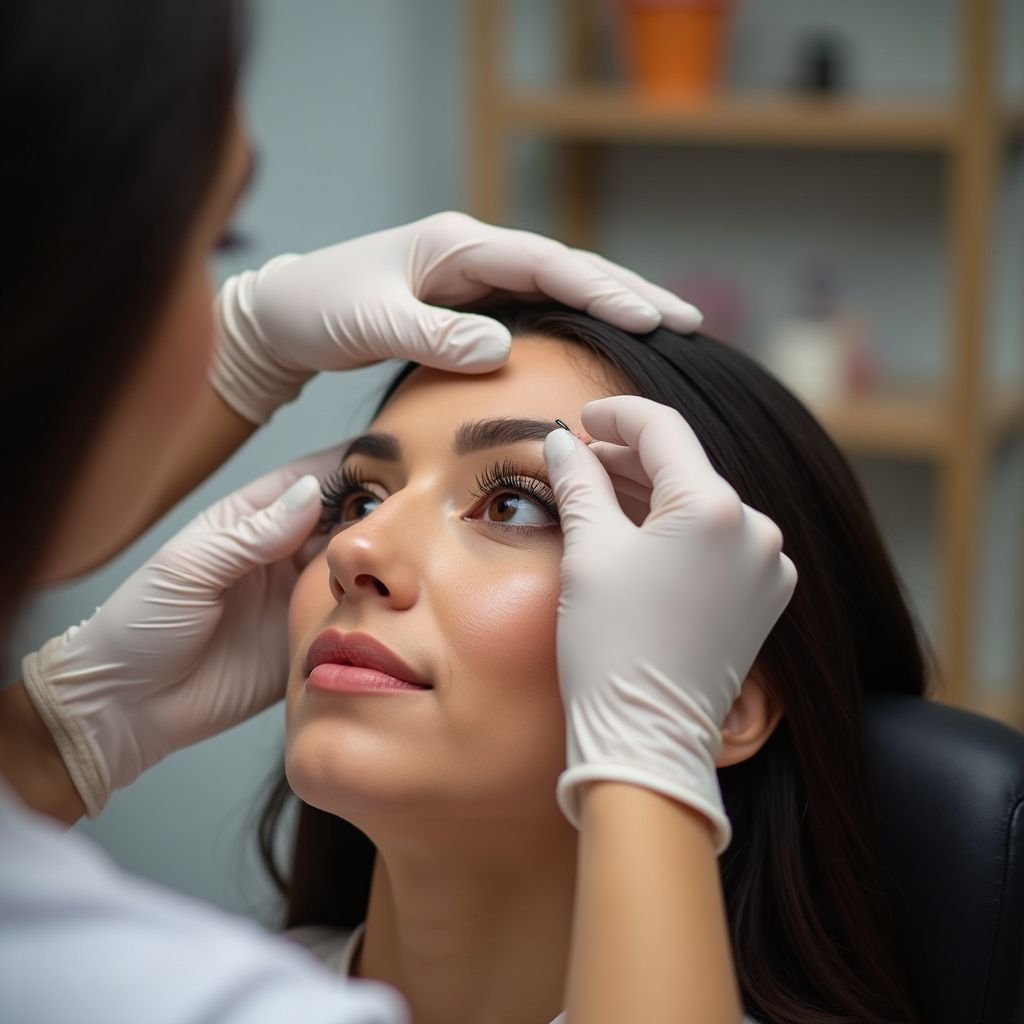 Person getting eyelash extensions applied; hands in gloves, close-up.