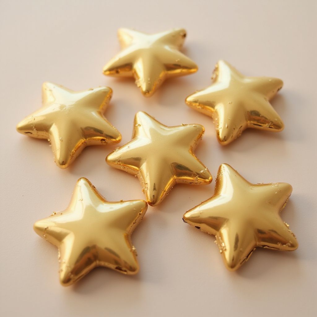 Six golden star-shaped candies on a light pink surface.
