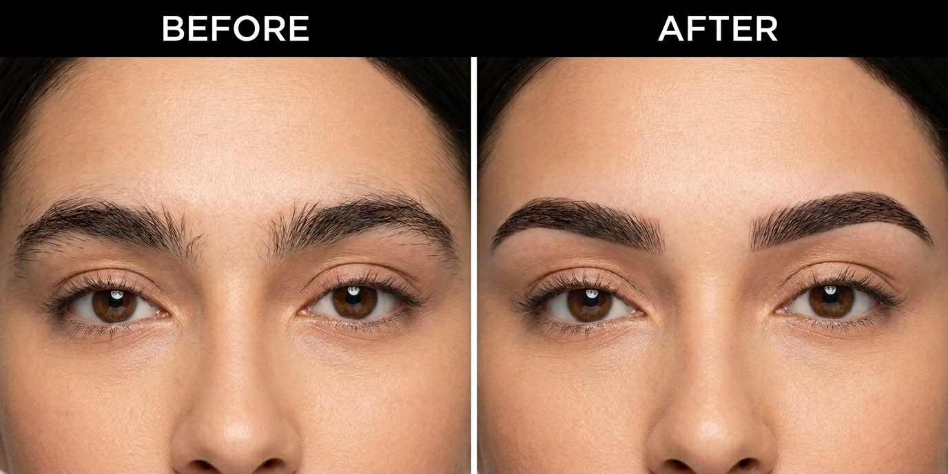Before and after comparison of eyebrows: the left shows natural, unshaped brows, the right shows filled and defined brows.