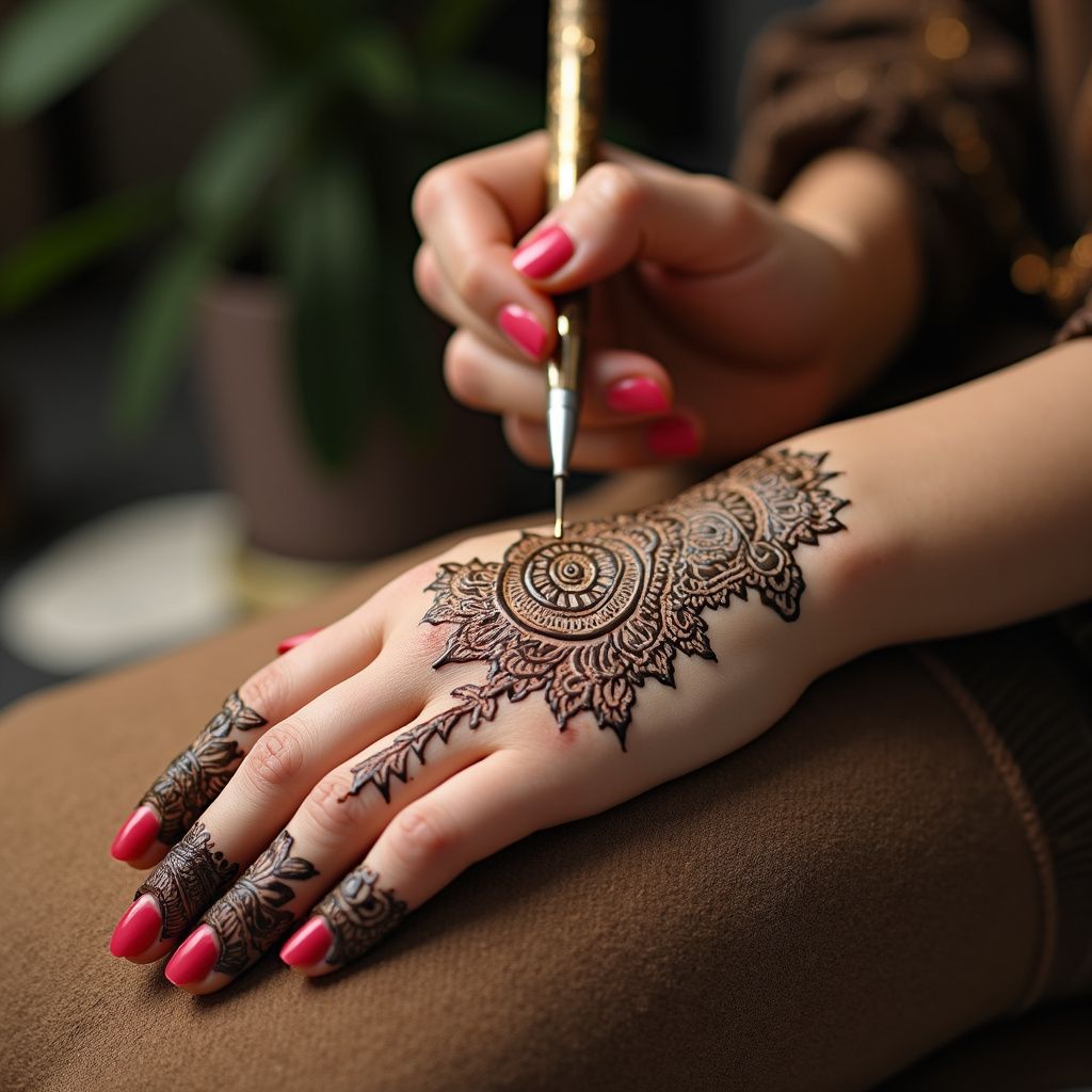 Hand being decorated with henna. Brown henna art on hand, fingers also covered. Pink nail polish.