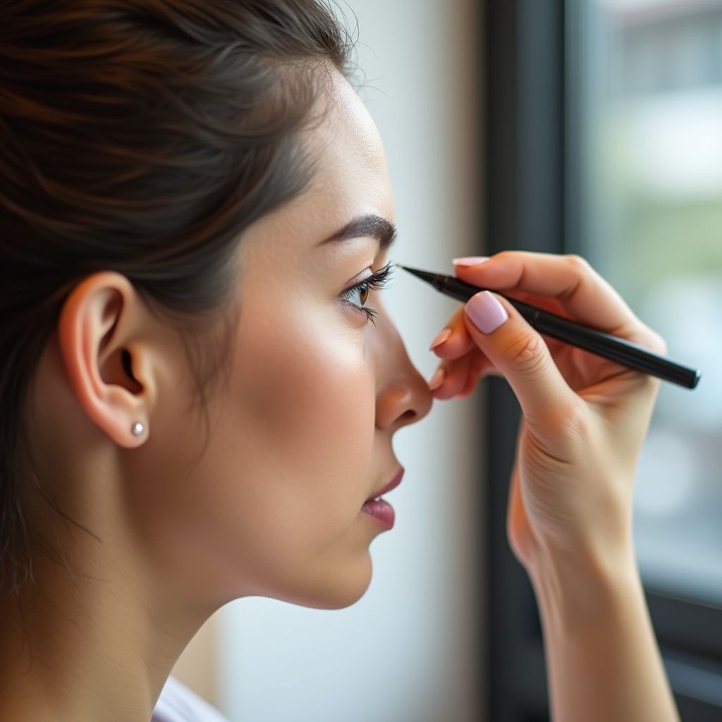 Woman applying eyeliner with a black pen, profile view. Lit by natural light, in front of a window.