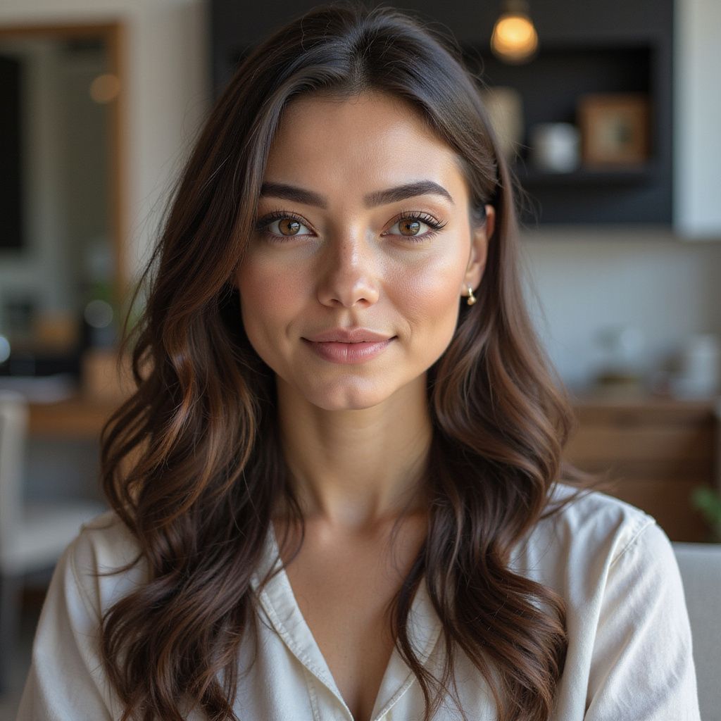 Woman with long, wavy brown hair, smiling, in a bright room with blurred background.