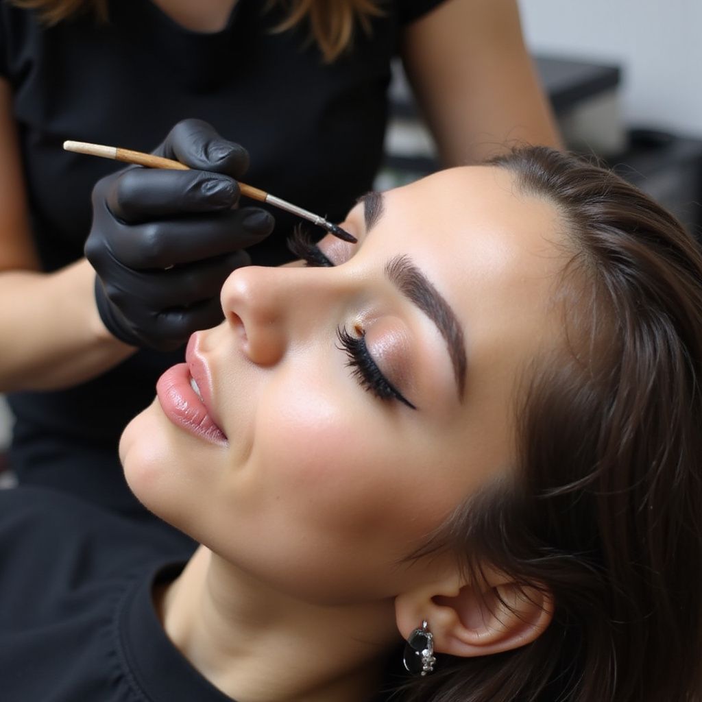 Woman getting her eyebrow makeup applied; close-up view. Black-gloved hand using a brush.