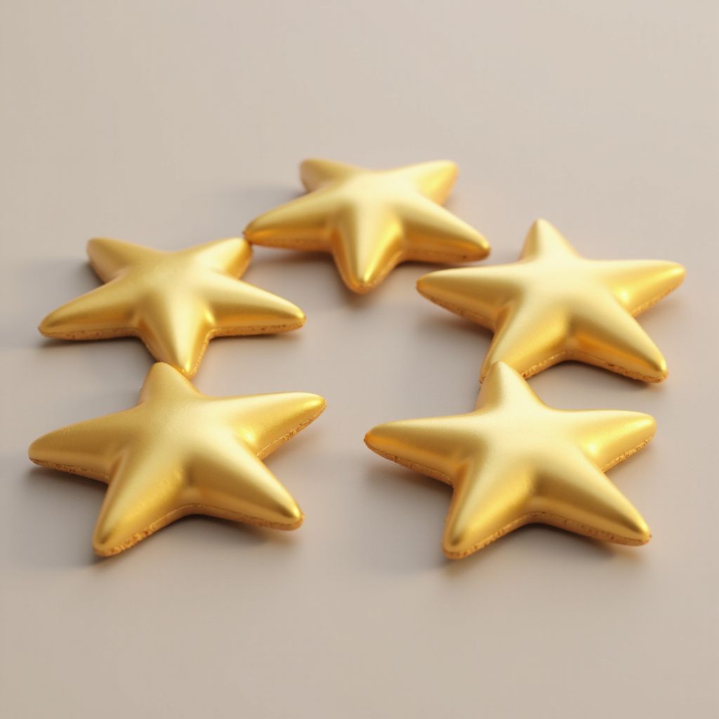 Five golden, three-dimensional stars on a light-colored surface.