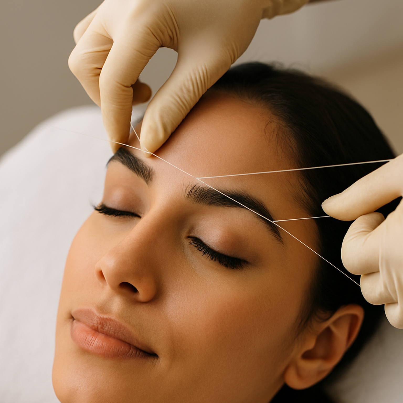 Eyebrow threading: A person's eyebrows are shaped with thread held by gloved hands.