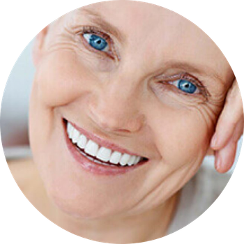 A woman with blue eyes is smiling in a circle