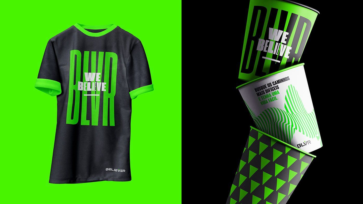 A t-shirt and a cup are displayed on a green and black background.