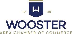 Logo of Wooster Area Chamber of Commerce, featuring a navy shield with a white “W” and the word “WOOSTER”.
