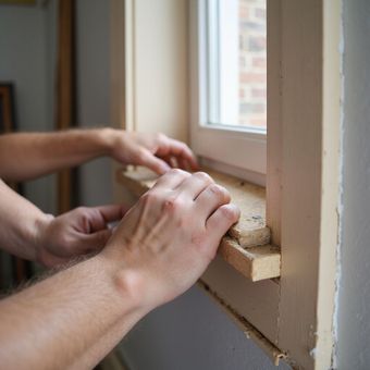 Hands installing a wooden window sill inside a room with a white wall.