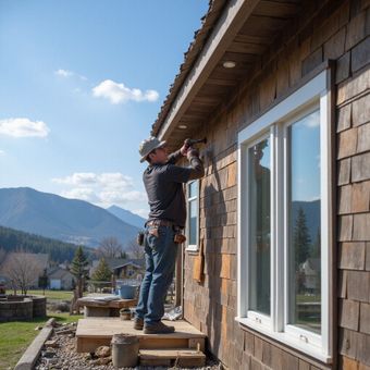 Man on a small wooden porch using a tool to work on a building's exterior with a mountain backdrop.