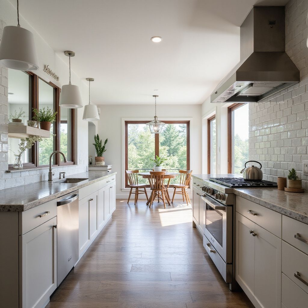 Bright, long kitchen with white cabinets and tile, stainless appliances, and a table with a view.