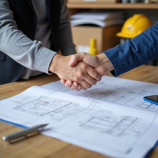 Two people shaking hands over blueprints, a pen, and a phone on a table.
