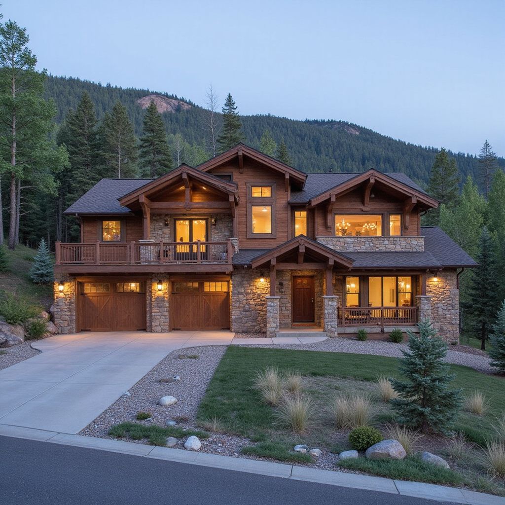 A two-story wood and stone house with a driveway, surrounded by trees and a mountain in the background.