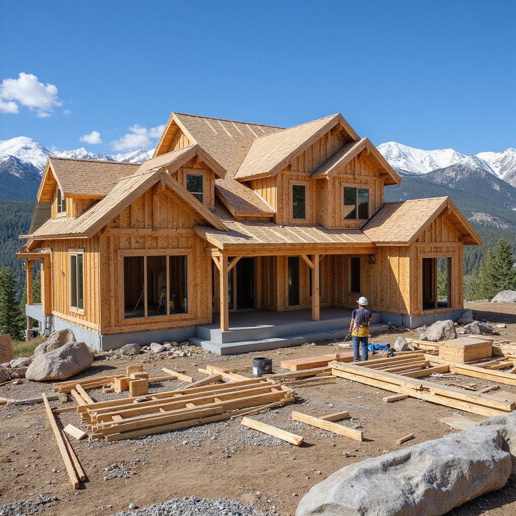 Wooden house under construction with mountains in the background and a worker.