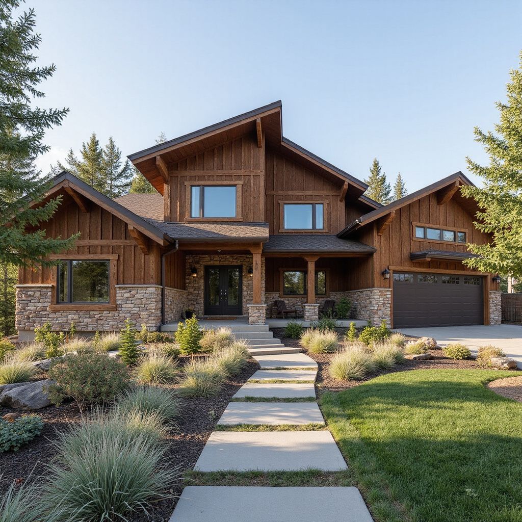 Brown wood-clad house with stone accents, concrete path, and landscaping; sunny day.
