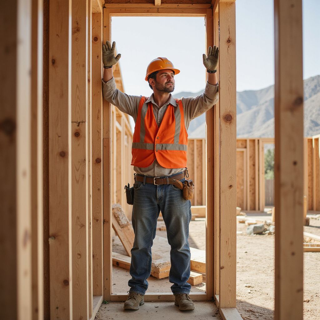 Construction worker in orange vest and hard hat, arms raised inside wooden door frame on a construction site.