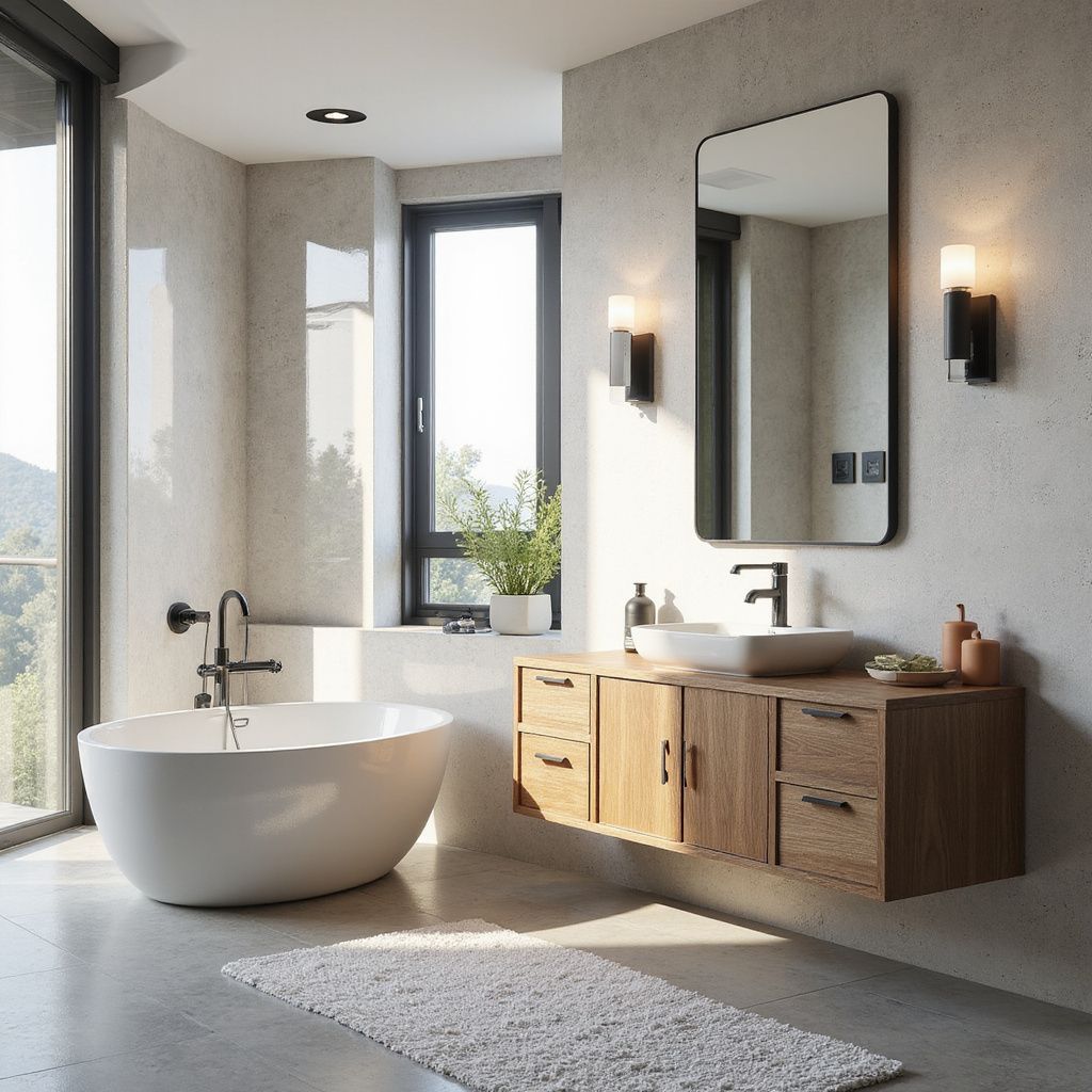 Modern bathroom with freestanding tub, wooden vanity, and large mirror.