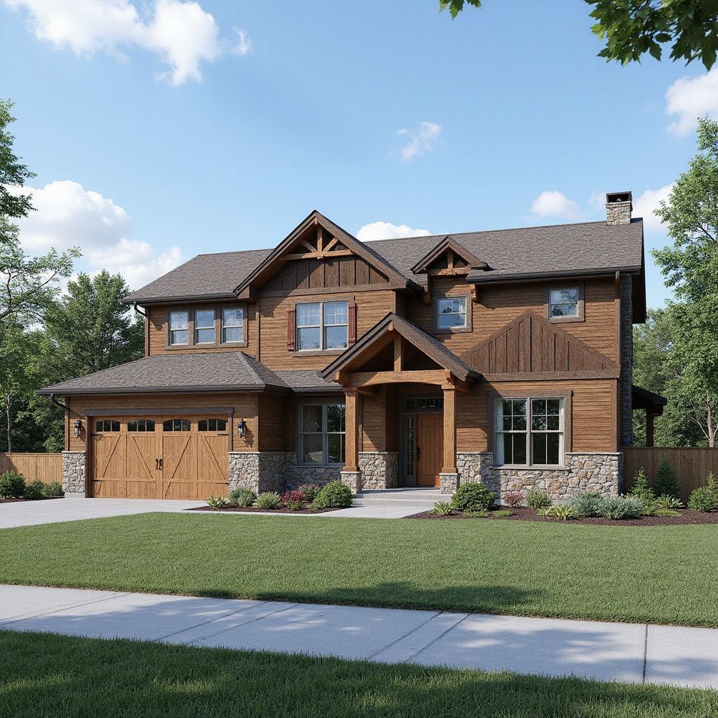 Two-story wood-sided house with stone accents, garage, and green lawn on a sunny day.