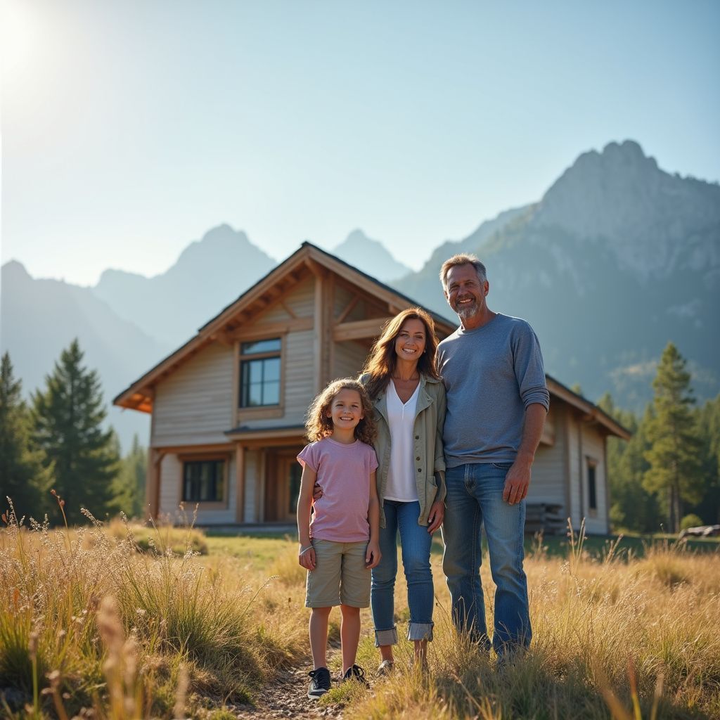 Family stands in front of a wooden cabin with mountains in the background.