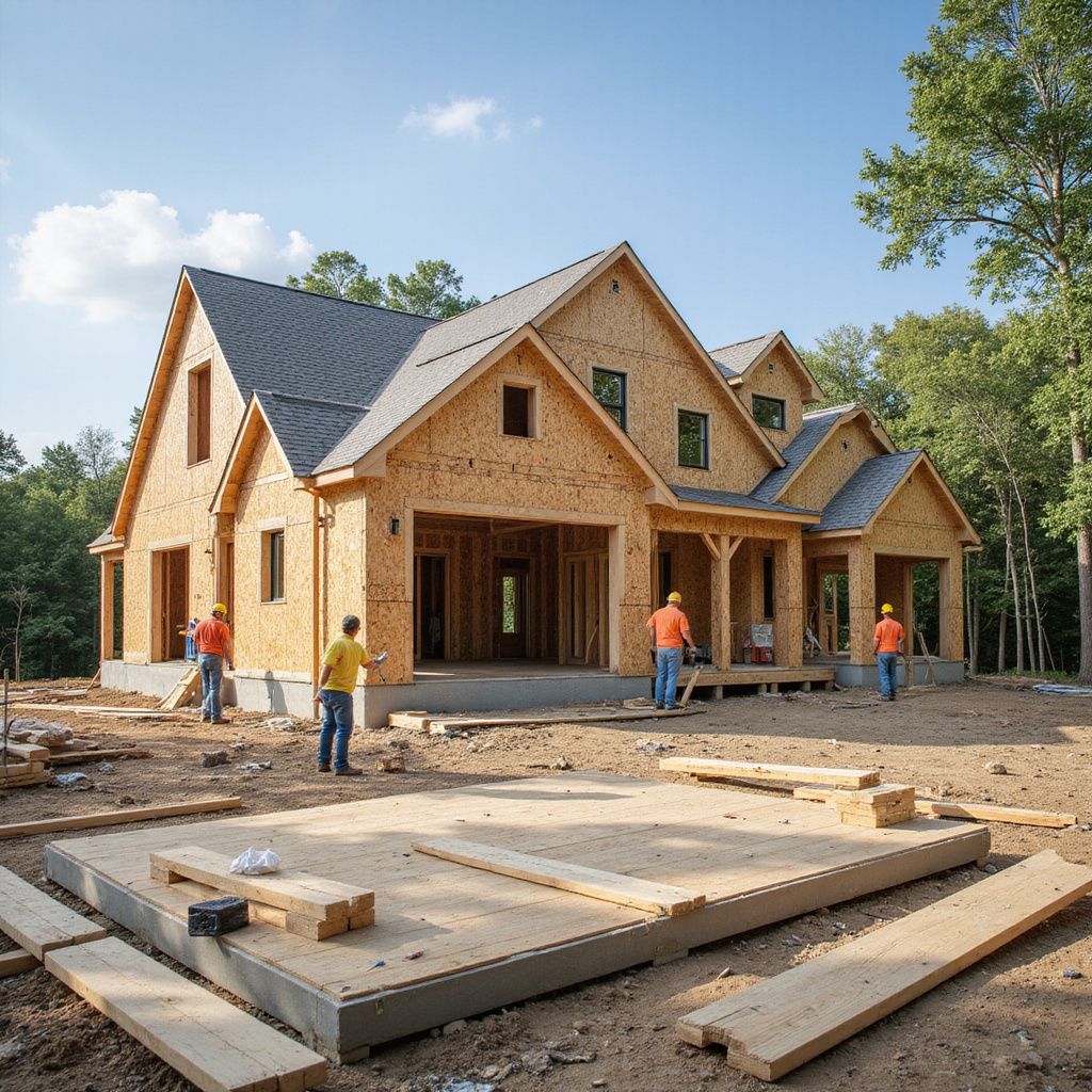 House under construction with workers. Wooden frame, garage, and foundation visible. Sunny outdoor setting.