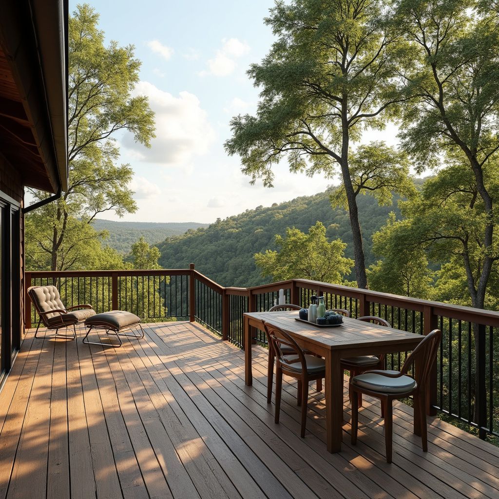 Wooden deck overlooking a lush green valley with dining table set and trees.