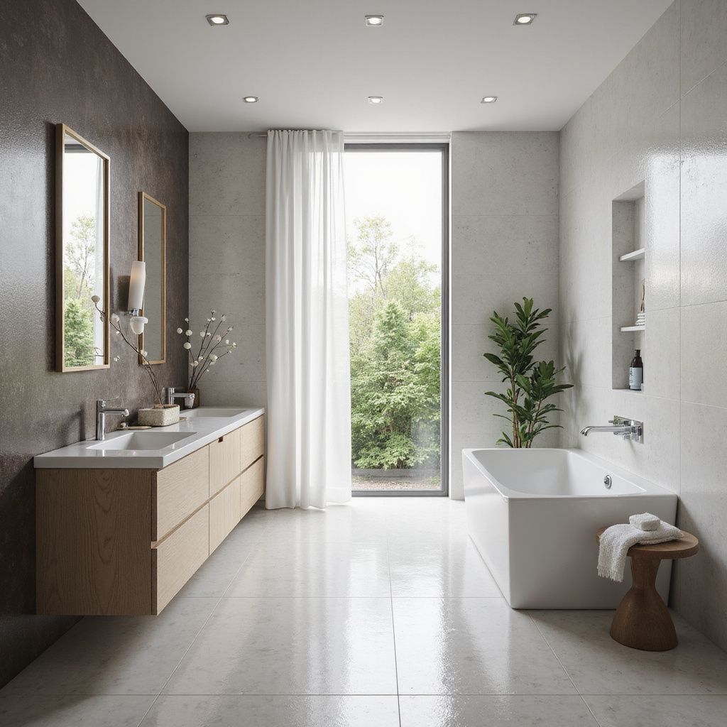 Modern bathroom with a bathtub, large window, and double vanity. Neutral tones with wood and white accents.