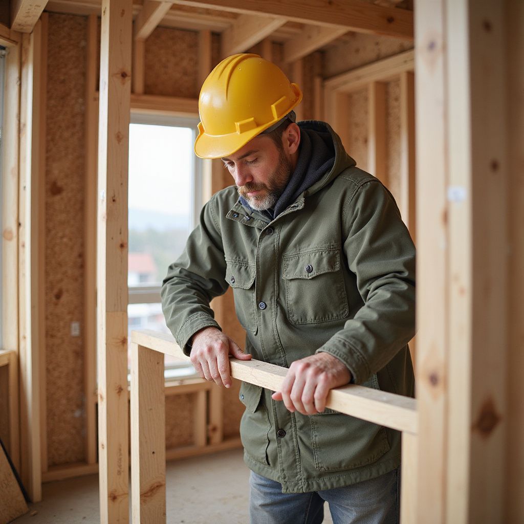 Construction worker in yellow hard hat examining wooden frame of a building.