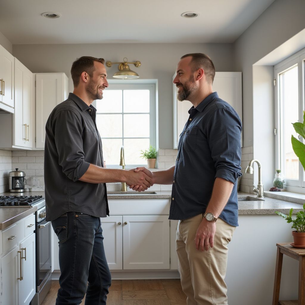 Two men shaking hands in a bright kitchen. One wears a gray shirt and jeans, the other a blue shirt and khaki pants.