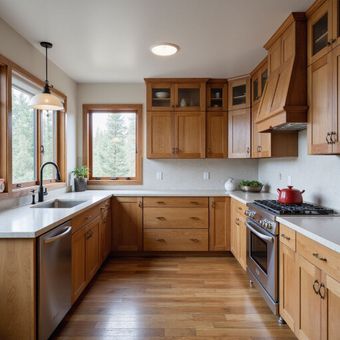 U-shaped kitchen with light wood cabinets, stainless steel appliances, and white countertops.