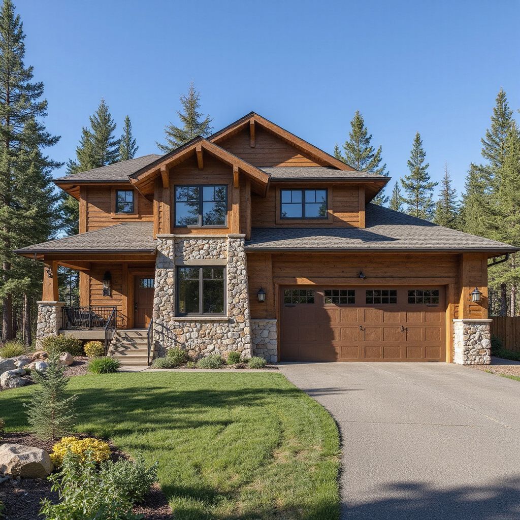Two-story wood house with stone accents, brown garage door, and a paved driveway surrounded by trees.
