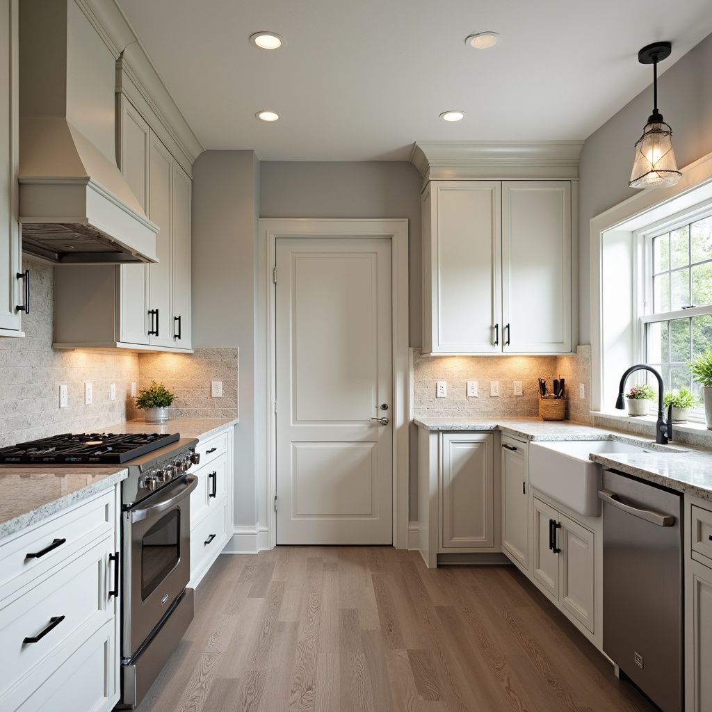 White kitchen with stainless steel appliances, light wood floors, and neutral walls.