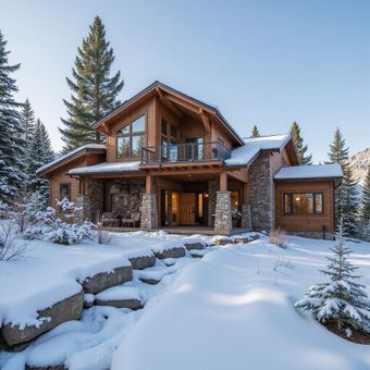 Snow-covered wooden cabin with stone accents and a covered porch in a snowy forest.