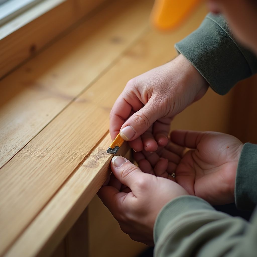 Person using a small yellow tool to scrape a wooden windowsill; hands are in focus.