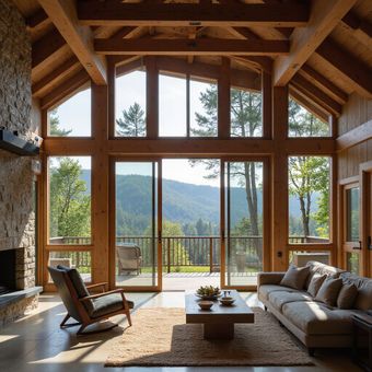 Living room with large windows overlooking a mountain view; wooden beams and a stone fireplace.