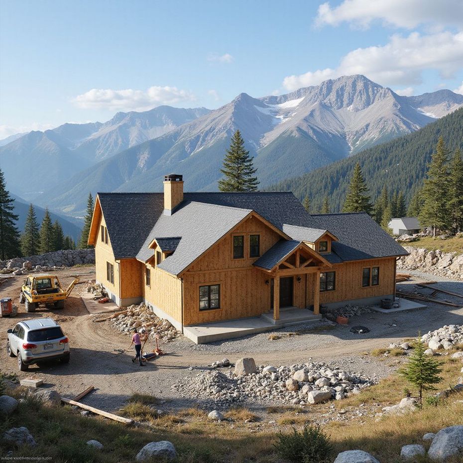 Wooden house under construction with mountain backdrop.