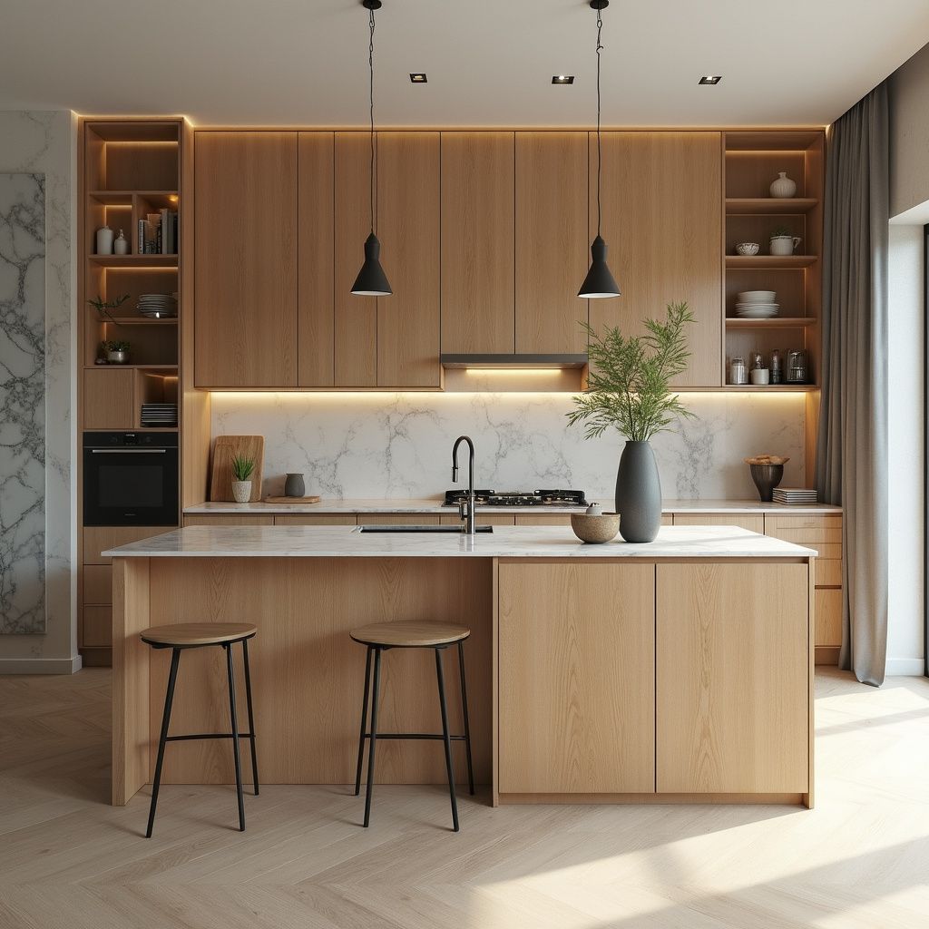 Modern kitchen with wood cabinets, island, stools, marble backsplash, and hanging lights.