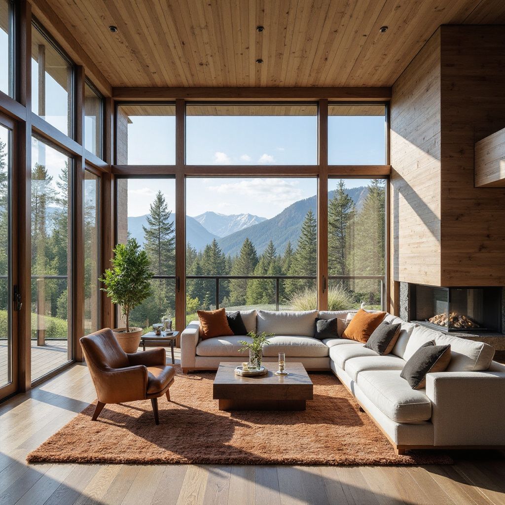 Living room with mountain view, wood paneling, large windows, sectional sofa, armchair, and rug.