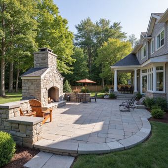 Stone patio with fireplace and outdoor seating next to a house, sunny day.